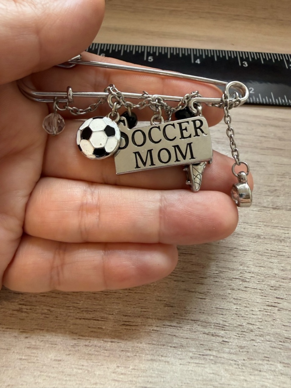 Soccer Mom Silver Charm Safety Pin Brooch